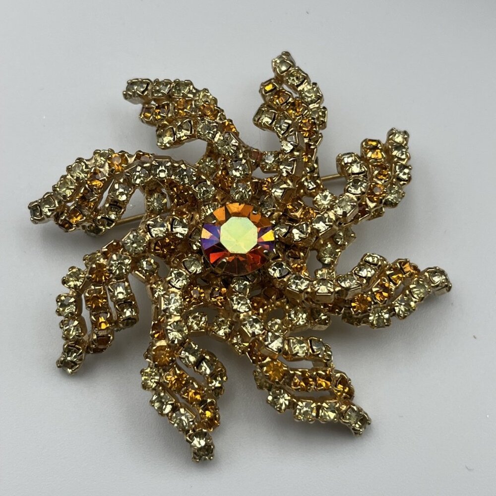 RARE 1950s Hattie Carnegie Star Burst Rhinestone Iridescent Layered 3D Brooch